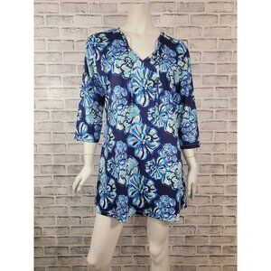 Viv & Lou Blue Floral Tropical Stretch Shift Dress Small Medium